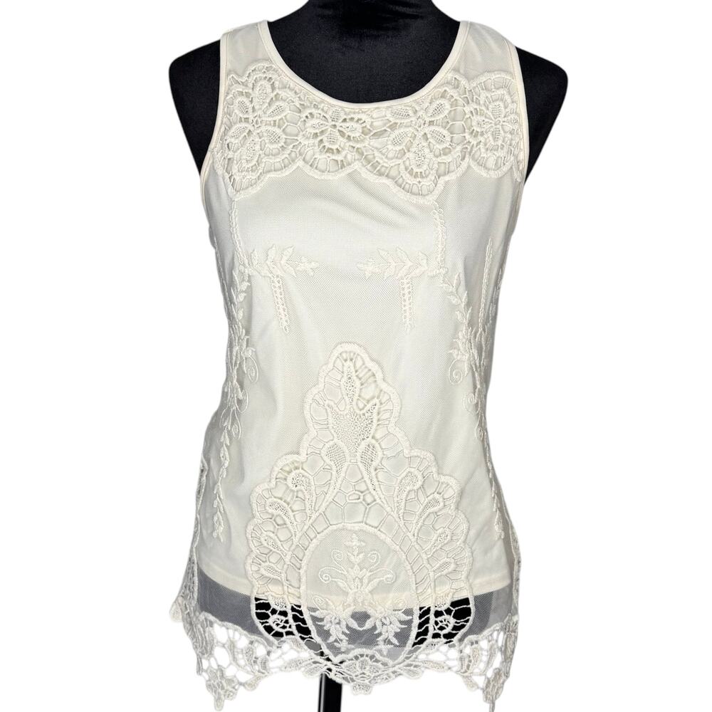 BAR III Macy's Sleeveless Cream Crochet Layered Tank Sleeveless Blouse Top Med